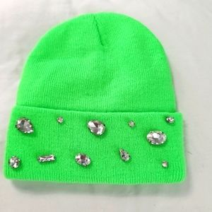 Neon green bling rhinestone beanie